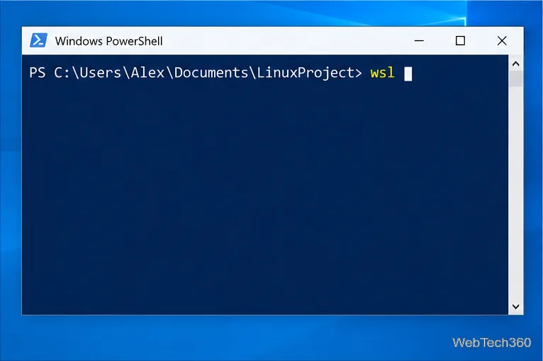 A Windows PowerShell prompt is open at the LinuxProject path with the wsl command entered.