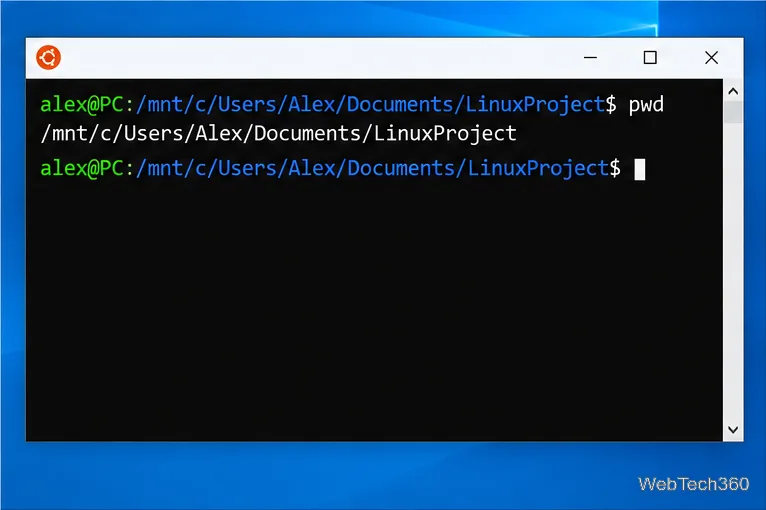An Ubuntu terminal displays pwd output for the Windows LinuxProject folder under the WSL path /mnt/c/Users/Alex/Documents/LinuxProject.