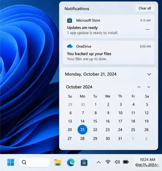 Centre de notifications de Windows 11 affichant des alertes du Microsoft Store et de OneDrive au-dessus d'un calendrier d'octobre