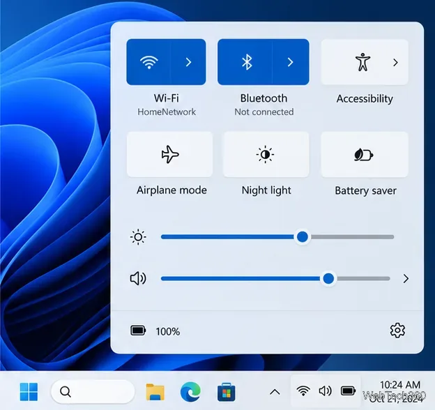 Panneau des paramètres rapides de Windows 11 affichant Wi-Fi, Bluetooth, Accessibilité, Mode avion, Éclairage nocturne, Économiseur de batterie, luminosité et volume