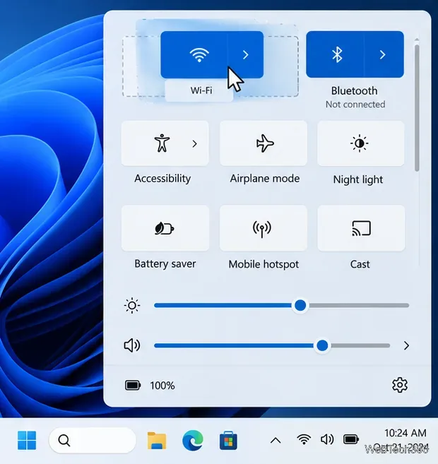Panneau des paramètres rapides avec la vignette Wi-Fi déplacée au-dessus des autres vignettes de paramètres