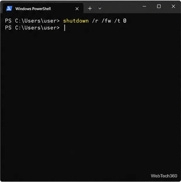 يعرض Windows PowerShell الأمر shutdown /r /fw /t 0.