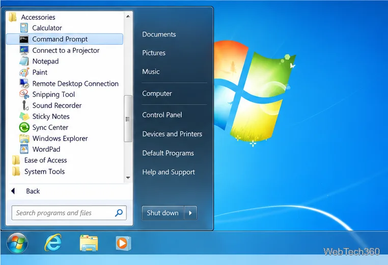 Windows 7 Start menu with Accessories expanded and Command Prompt highlighted.