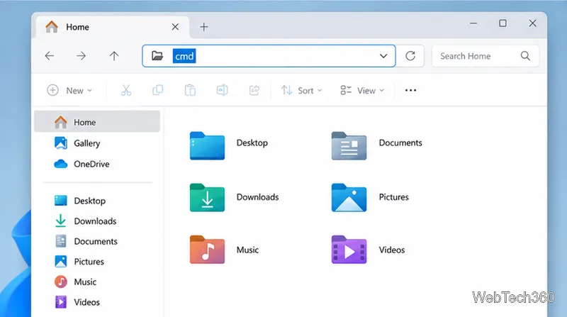 File Explorer with cmd entered in the address bar, distinct from the Search Home box.