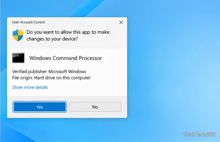 User Account Control prompt for Windows Command Processor, with Microsoft Windows as verified publisher and Yes and No buttons.
