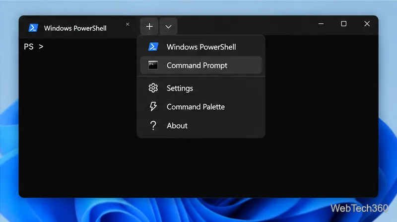 Windows Terminal profile menu open with Command Prompt listed below Windows PowerShell.