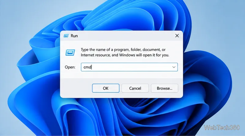Windows Run dialog with cmd entered in the Open field and the OK button visible.