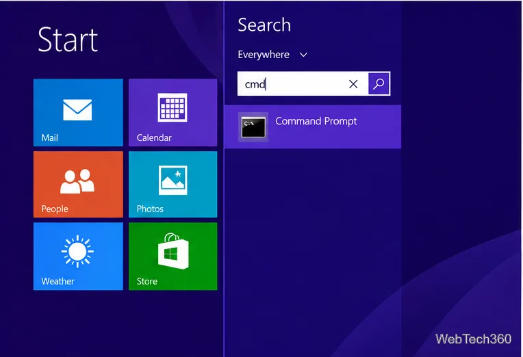 Windows 8 Start screen search for cmd, with Command Prompt shown as a result.