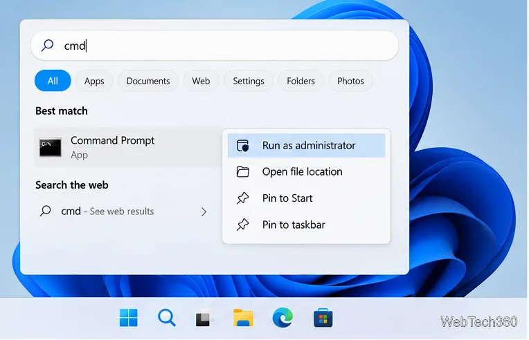 Windows 11 Command Prompt search result with Run as administrator highlighted in its context menu.
