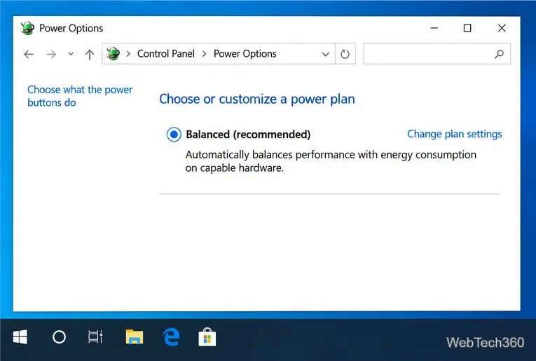 Windows 10 Power Options page showing the Balanced plan, Change plan settings, and power-button link