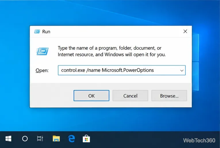Windows 10 Run dialog containing the command control.exe /name Microsoft.PowerOptions