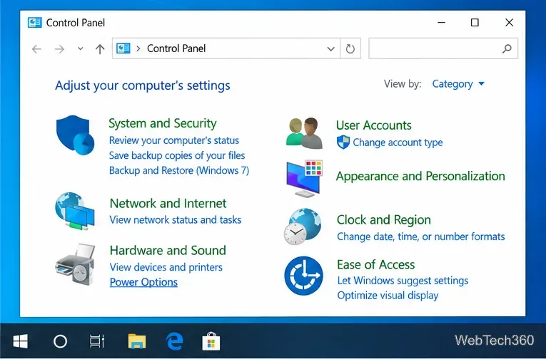 Windows 10 Control Panel in Category view with Power Options listed under Hardware and Sound