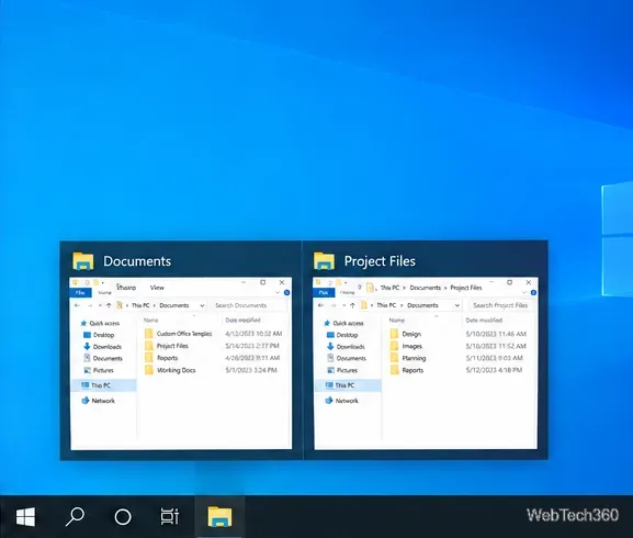 Two File Explorer window previews labeled Documents and Project Files above the Windows 10 taskbar.