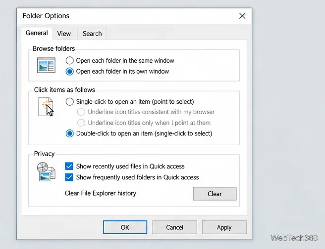 Folder Options General tab with Open each folder in its own window selected under Browse folders.