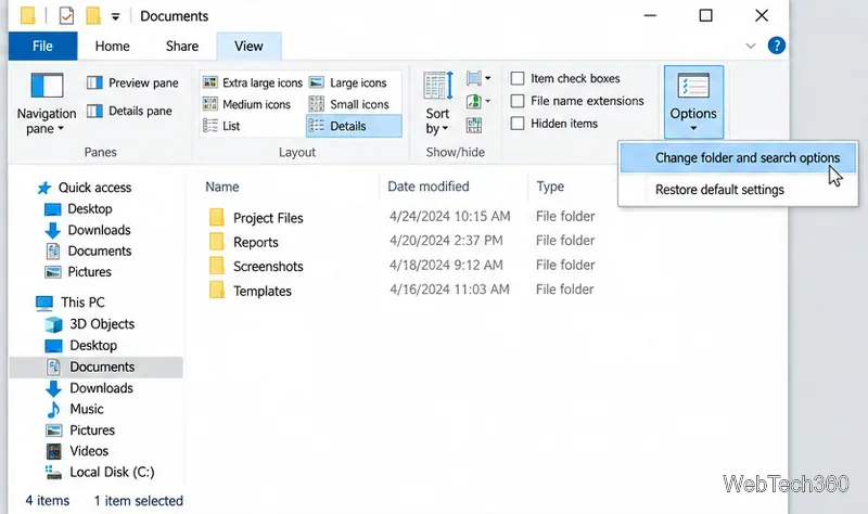 Windows 10 File Explorer Options menu with Change folder and search options highlighted.