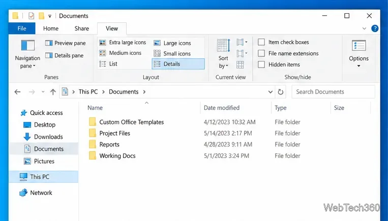 Windows 10 File Explorer with the View tab selected and the Options button visible at the right end of the ribbon.