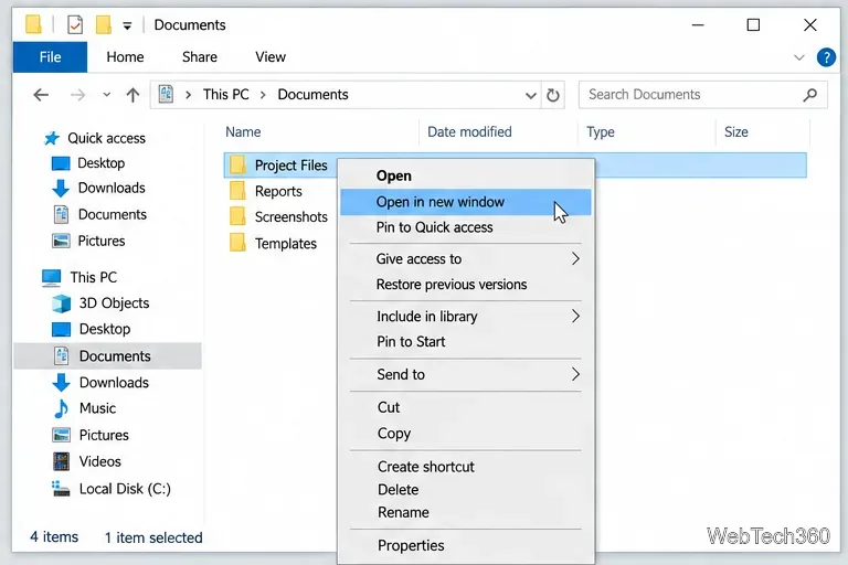 Windows 10 File Explorer context menu with Open in new window highlighted for the Project Files folder.