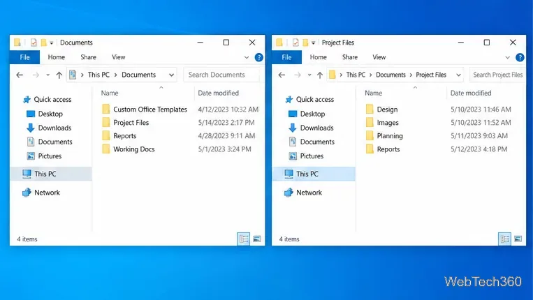 Two separate Windows 10 File Explorer windows showing Documents and its Project Files subfolder side by side.