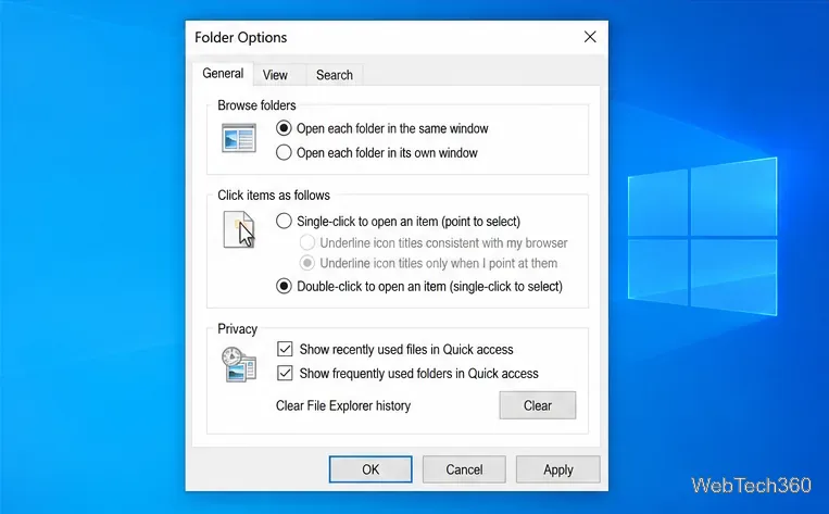 Folder Options dialog with Open each folder in the same window selected, ready to restore the default browsing behavior.