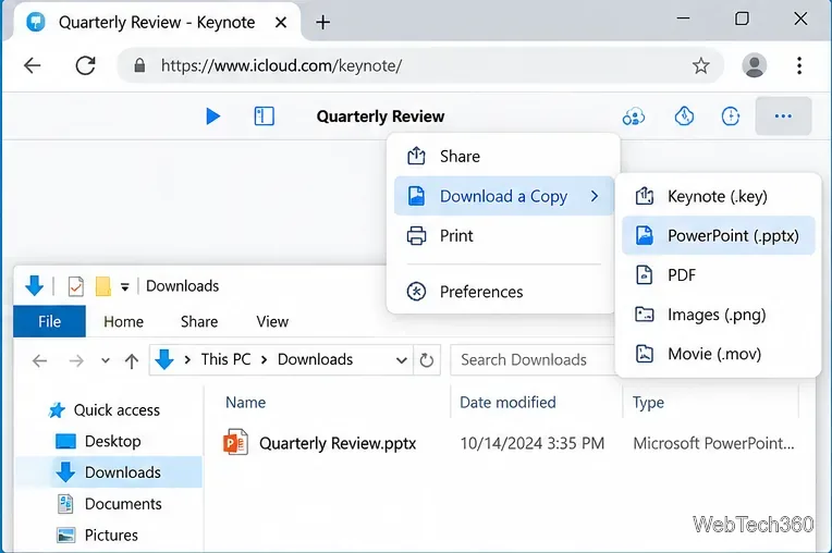 В меню Keynote для iCloud выберите пункт «Копировать», затем выберите файл PowerPoint .pptx и сохраните преобразованный файл в папке «Загрузки».