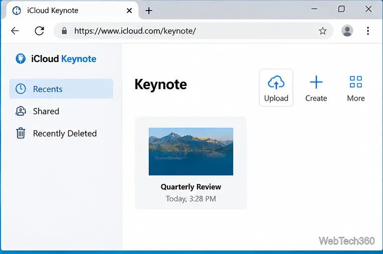 Презентация Keynote, посвященная менеджеру документов iCloud, демонстрирующая элемент управления «Загрузка» в веб-браузере.
