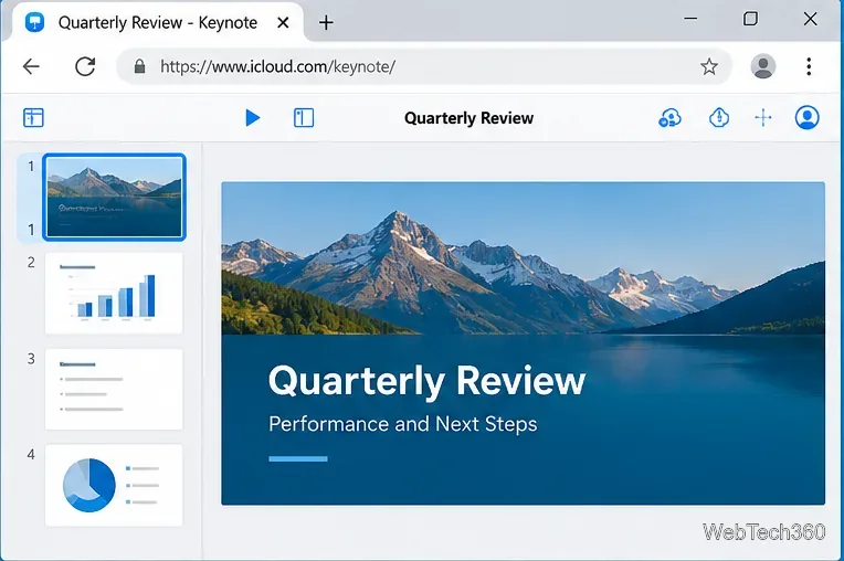 Презентация Keynote для iCloud начинается с миниатюр слайдов слева.