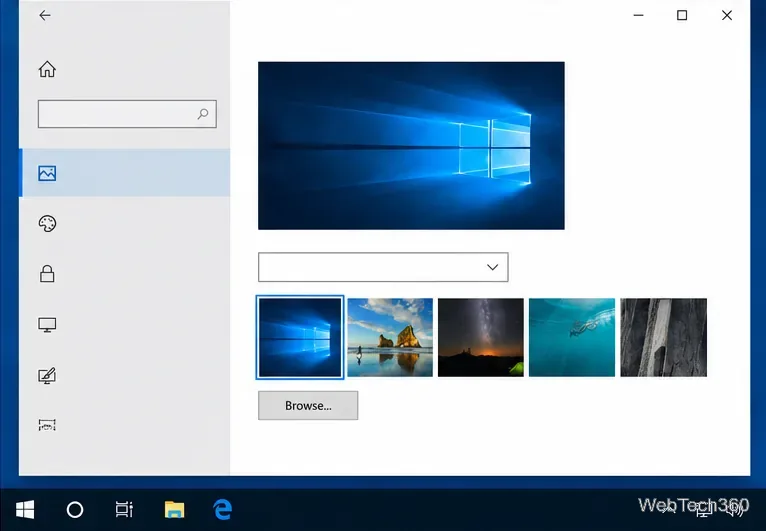 Pagina de fundal Personalizare Setări Windows 10 cu navigare, previzualizare și opțiuni de imagine