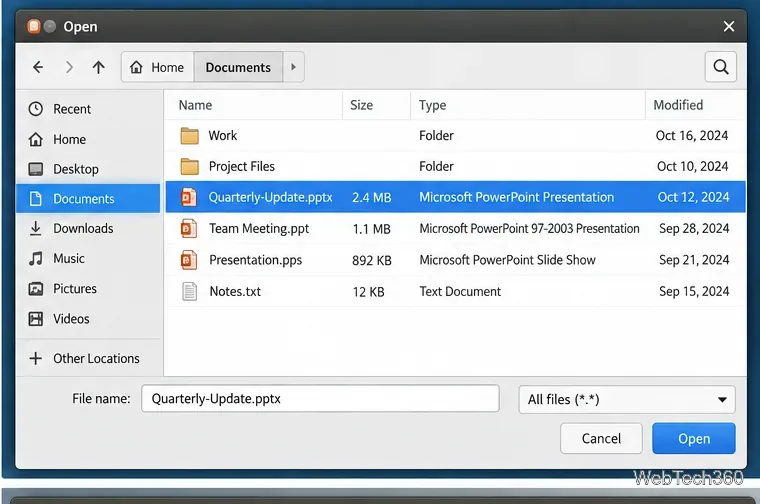 Open file dialog with a PowerPoint PPTX presentation selected