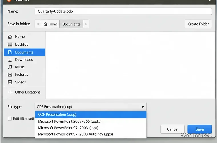 LibreOffice Impress Save As dialog showing ODP and Microsoft PowerPoint file types