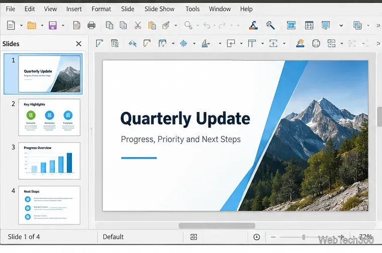 PowerPoint presentation open in LibreOffice Impress with slide thumbnails and editing canvas visible