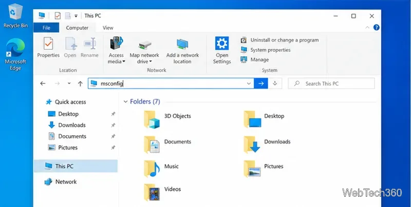 File Explorer address bar with msconfig entered