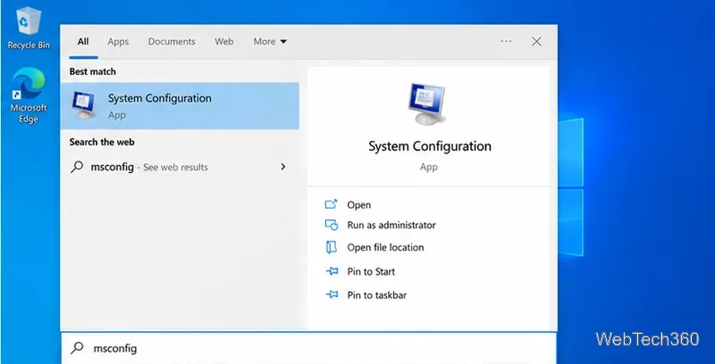 System Configuration listed in Windows search
