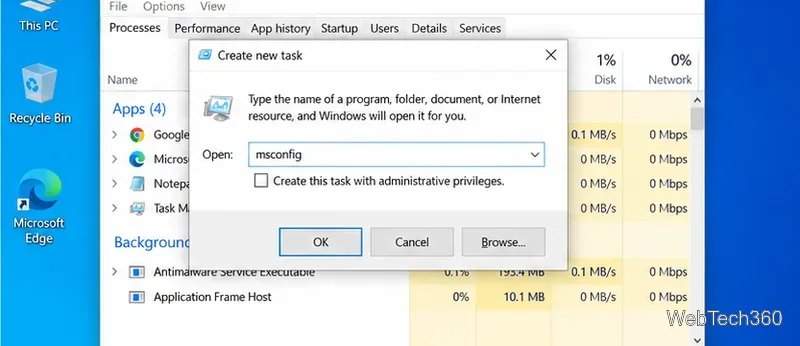 Task Manager Create new task dialog with msconfig