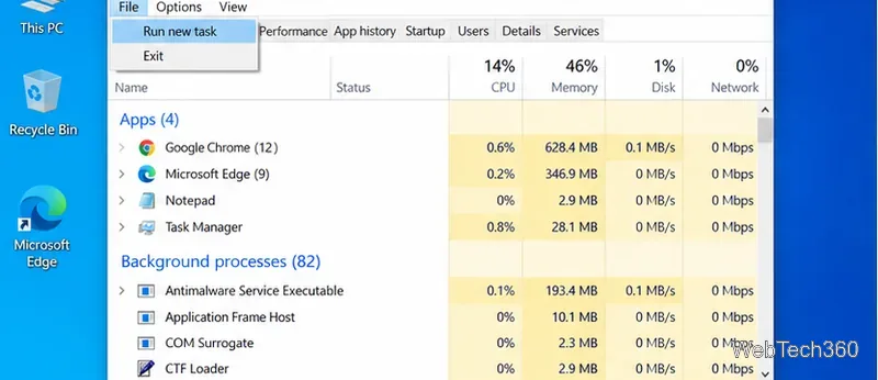 Task Manager File menu with Run new task selected