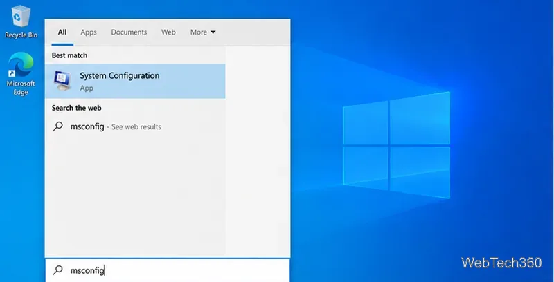 Windows 10 Start search for msconfig