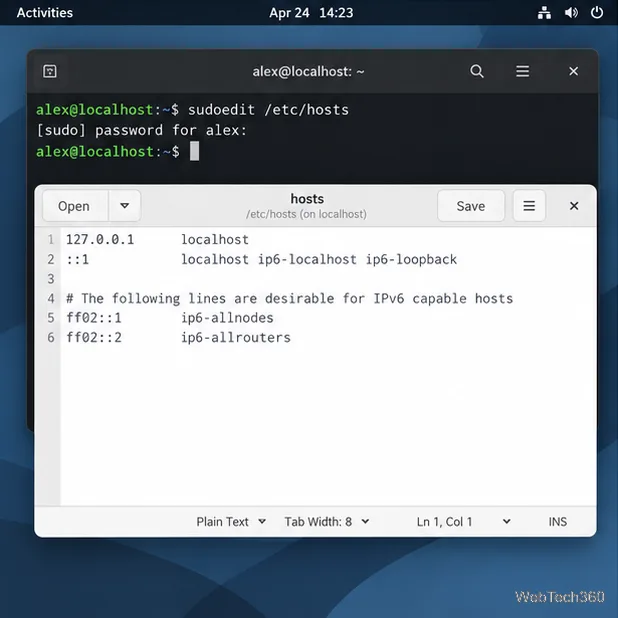 Terminal running sudoedit on /etc/hosts beside a regular text editor showing the file contents