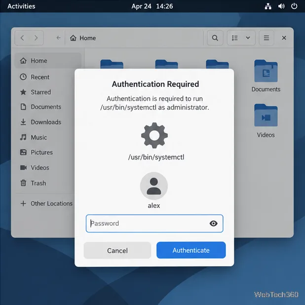Polkit authentication dialog identifies /usr/bin/systemctl as the program requesting administrator authorization