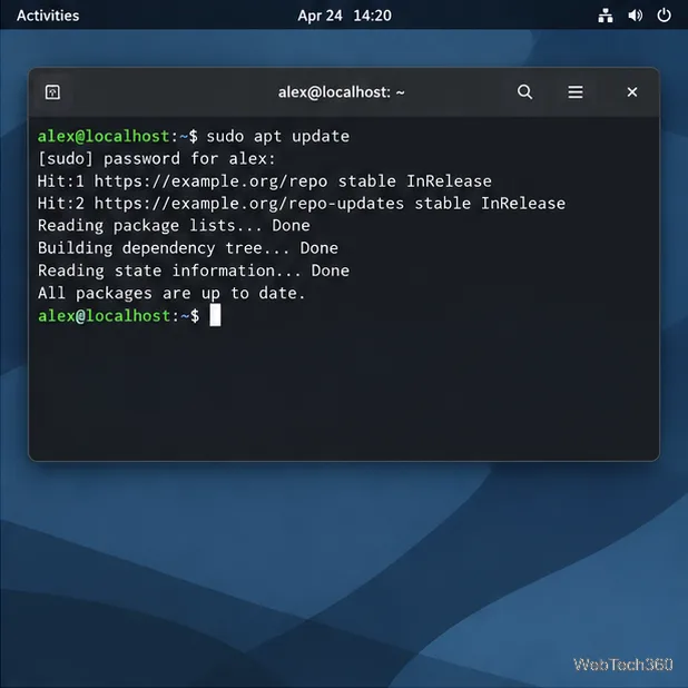 Linux terminal showing sudo apt update running with administrator privileges