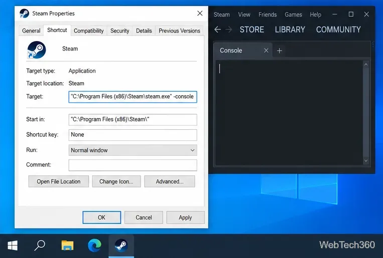 หน้าต่างคุณสมบัติของทางลัด Steam แสดงว่ามีการเพิ่ม -console ต่อท้ายเส้นทาง steam.exe ที่อยู่ในเครื่องหมายคำพูด