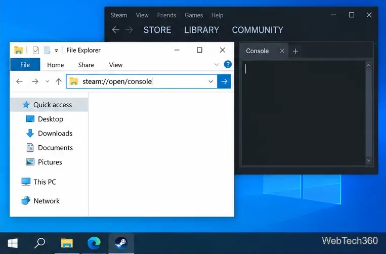 แถบที่อยู่ของ File Explorer ที่แสดง steam://open/console โดยมีแท็บ Steam Console ปรากฏอยู่ด้านหลัง