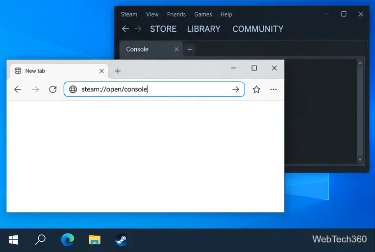 แถบที่อยู่ของเบราว์เซอร์บนเดสก์ท็อป Windows แสดง steam://open/console และแท็บ Console ของ Steam เปิดอยู่ด้านหลัง