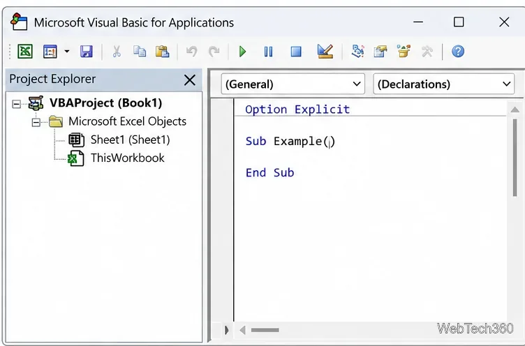 Редактор Visual Basic, отображающий объект VBAProject в обозревателе проектов и панель кода.