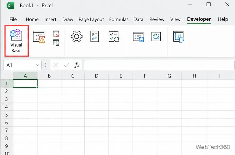 Вкладка «Разработчик» в Excel с выделенной кнопкой Visual Basic на ленте.