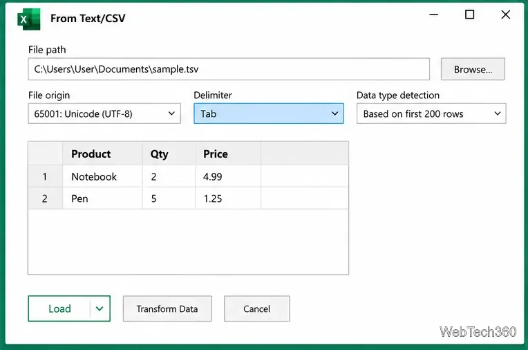 Предварительный просмотр файла Excel из текстового/CSV-файла, отображающий разделитель табуляции и данные о продукте, разделенные на столбцы.