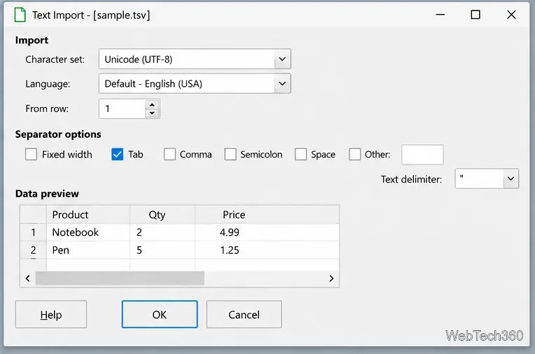 Диалоговое окно импорта текста в LibreOffice Calc с выбранной клавишей Tab и предварительным просмотром строк TSV в столбцах.