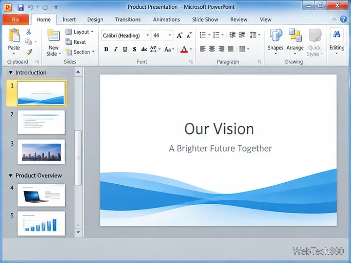 Panou de miniaturi PowerPoint cu anteturi de secțiune Introducere și Prezentare generală a produsului