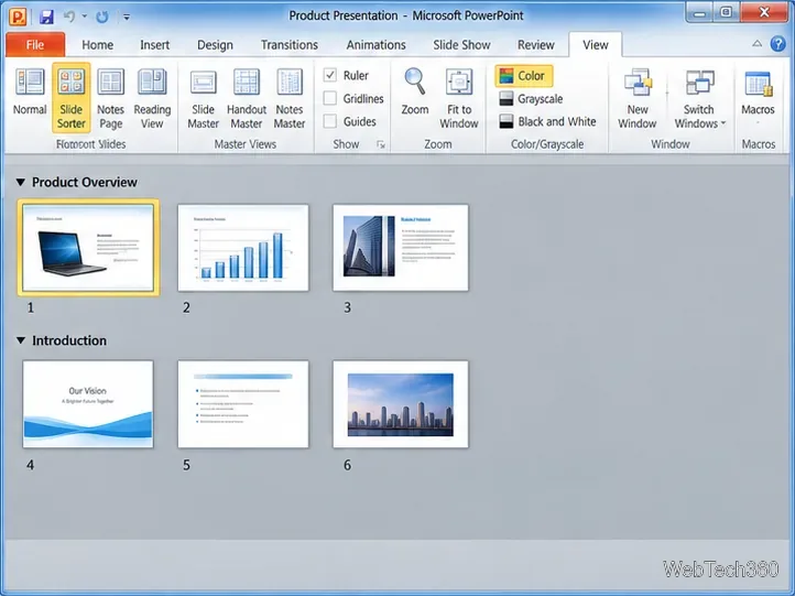 Vizualizarea sortatorului de diapozitive PowerPoint care afișează secțiuni grupate și miniaturi de diapozitive
