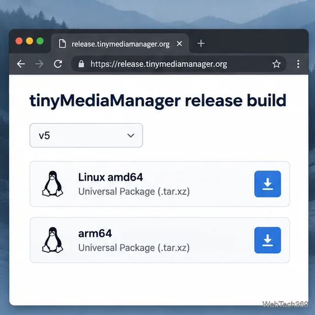 Page d'illustration d'un navigateur Linux montrant les choix de version de tinyMediaManager v5 pour amd64 et arm64 sous forme de paquets tar.xz.