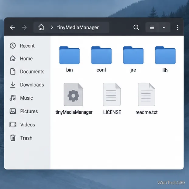 Le gestionnaire de fichiers Linux s'ouvre sur un dossier tinyMediaManager extrait, dont l'exécutable est visible à côté des fichiers de l'application intégrée.