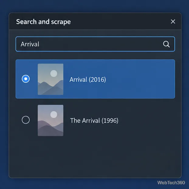Exemple de boîte de dialogue de recherche et d'extraction avec Arrival (2016) sélectionné par rapport à un titre de 1996 au nom similaire.
